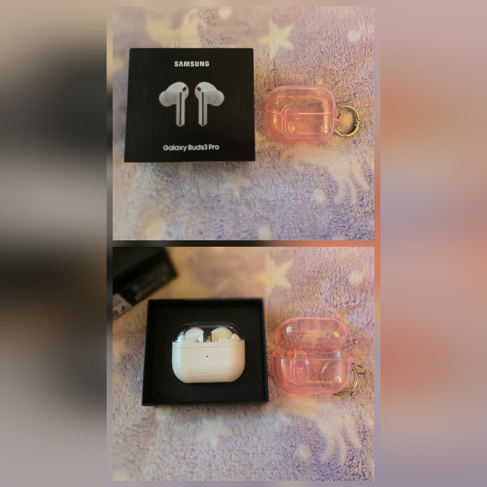 LIKE NEW Samsung Galaxy Buds3 Pro with Pink Glitter Transparent Locking Case